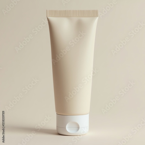 Minimalist beige cosmetic tube on neutral background, perfect for skincare product promotion.