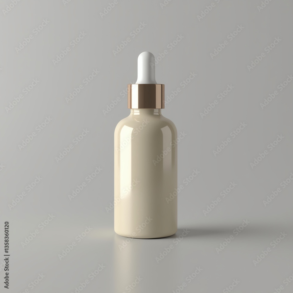 Minimalist dropper bottle with beige finish against a simple gray background.