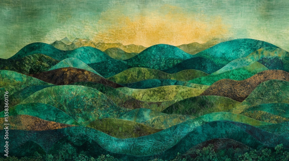 Naklejka premium Abstract Green and Gold Mountain Landscape
