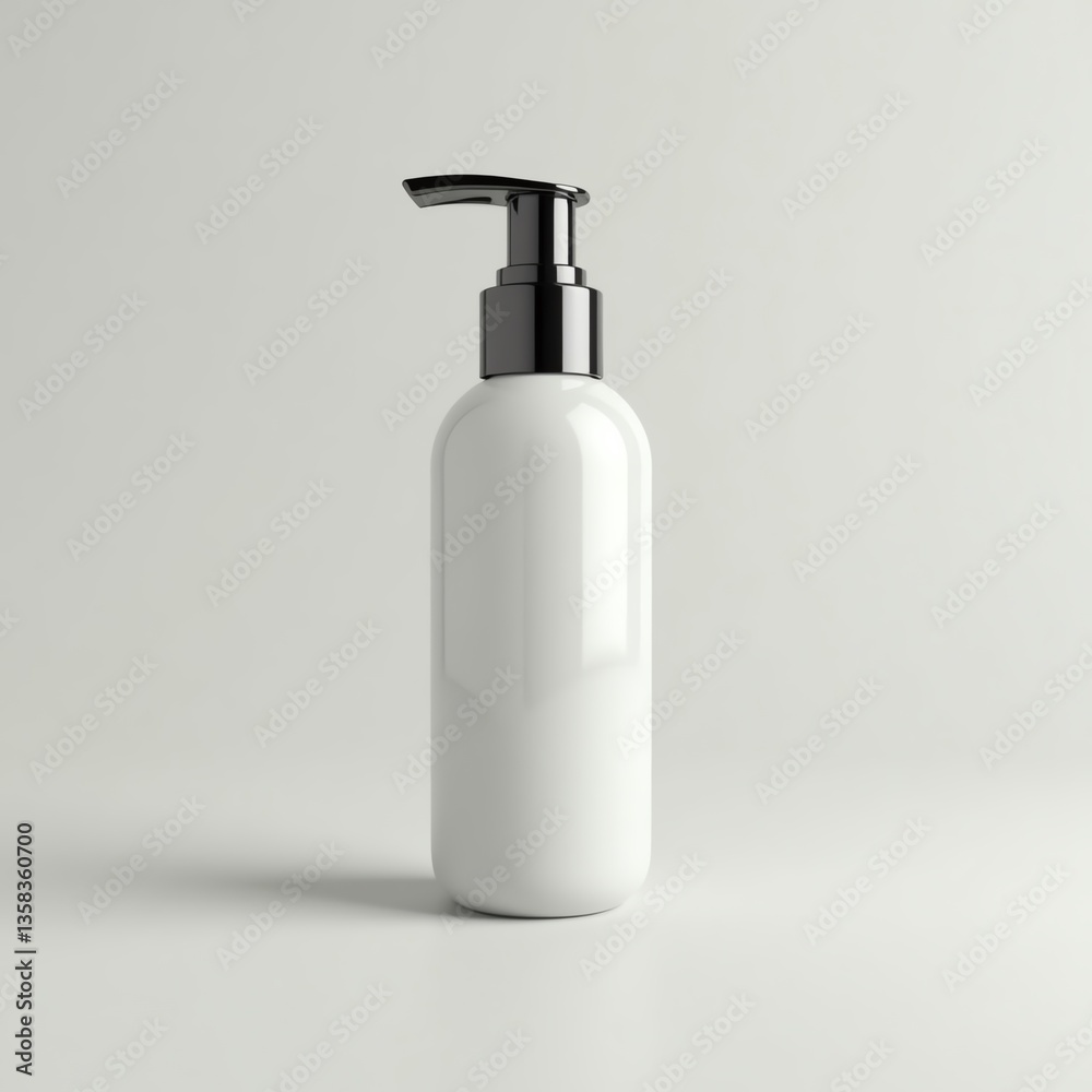 Minimalist white pump bottle on neutral background, ideal for branding and product display. Minimalist white pump bottle on neutral background, ideal for branding and product display.