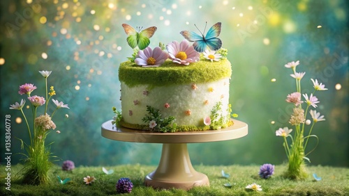 Enchanted Meadow Cake A Delicate Springtime Dessert with Buttercream Frosting, Tiny Flowers, and Graceful Butterflies