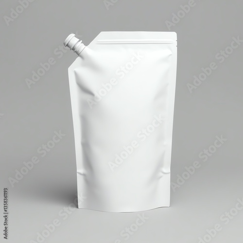 White stand-up pouch mockup with a spout on a gray background, ideal for product packaging design.