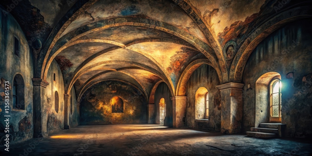Naklejka premium Ancient Hallway with Painted Arched Ceilings and Stone Walls, Bathed in Golden Sunlight Streaming Through a High Window