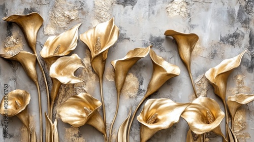 Golden Calla Lilies on Gray Textured Background