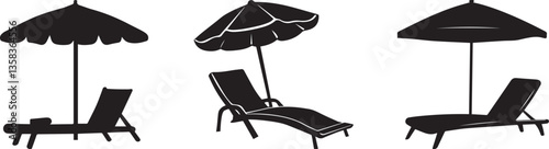 Silhouette of a beach umbrella and a lounge chair, representing relaxation vector silhouette