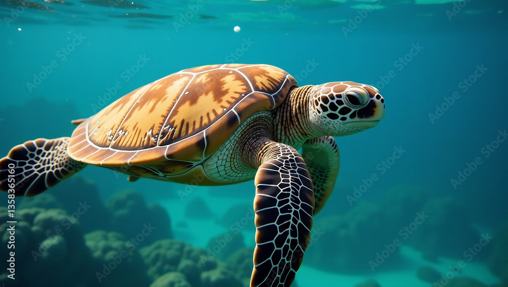 Obraz premium A close-up of a sea turtle gracefully swimming in the ocean, highlighting the elegance and vulnerability of marine creatures.