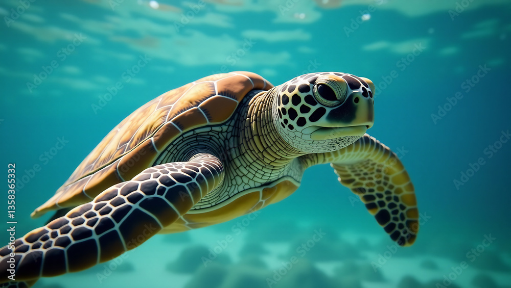 Obraz premium A close-up of a sea turtle gracefully swimming in the ocean, highlighting the elegance and vulnerability of marine creatures.