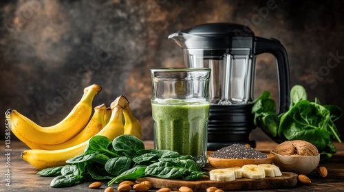 lifestyle flatlays Plant-Based Diet and Alternative Proteins clean. Green Smoothie Recipe with Banana Spinach Chia Seeds and Almonds photo