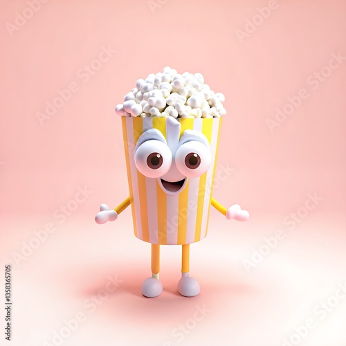 A cartoon popcorn bucket with big eyes and a smile stands on a pink background with arms outstretched