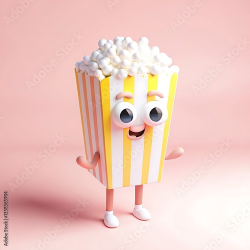 A cartoon popcorn box character with big eyes and a smile on a pink background in a studio shot