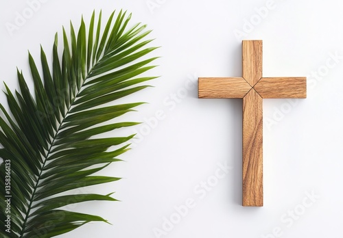 Wooden Cross with Palm Leaf on White Background