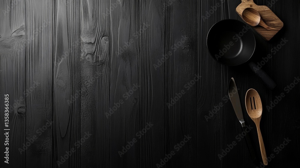 Fototapeta premium Dark Wooden Background with Black Cooking Utensils