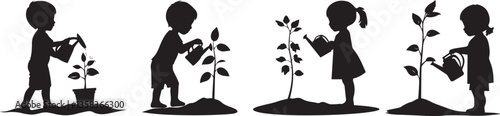 Silhouette of a child watering a young plant, symbolizing future generations protecting Earth vector silhouette