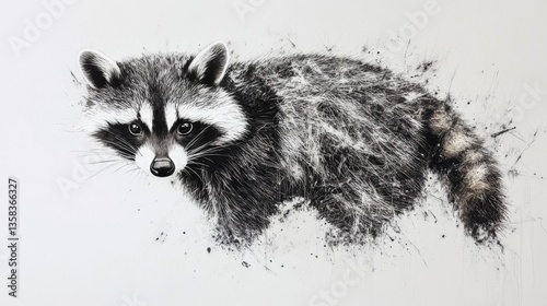 Monochrome Raccoon Sketch with Ink Splatter Texture