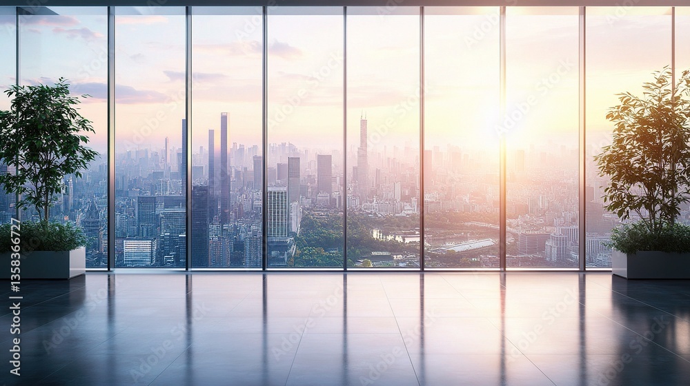 Fototapeta premium Large Modern Office Workspace with City View in Morning Light
