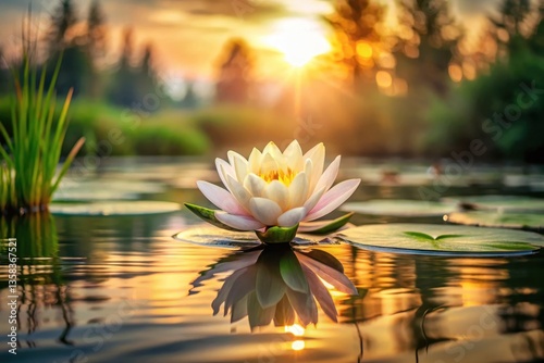 Serene Water Lily at Golden Hour Tranquil Pond Reflection of a Delicate Blossom in Soft Evening Light