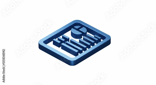 Isometric Blue Document Icon with Pie Chart and Text Illustration