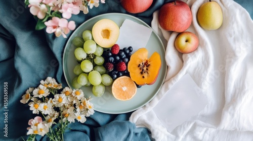 Lifestyle flat lays of Mental Health and Mindfulnes. Overhead View of Fresh Fruit Platter on a Teal Plate