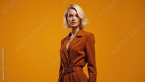 A woman with short blonde hair wearing a mustard-colored blouse and pants, posing confidently in front of an orange background. Generative, AI,