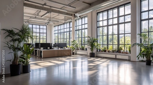 Spacious Office Area with High Ceilings and Large Windows