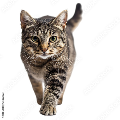 Curious Barn Cat Walking Forward with Striped Fur Isolated on Transparent Background
