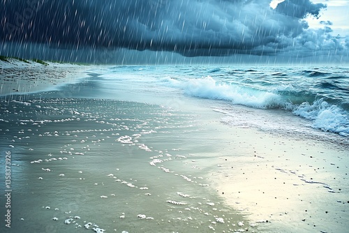 A serene beach scene where gentle waves meet a stormy sky, raindrops ricocheting on the wet sand, creating a captivating, moody atmosphere.