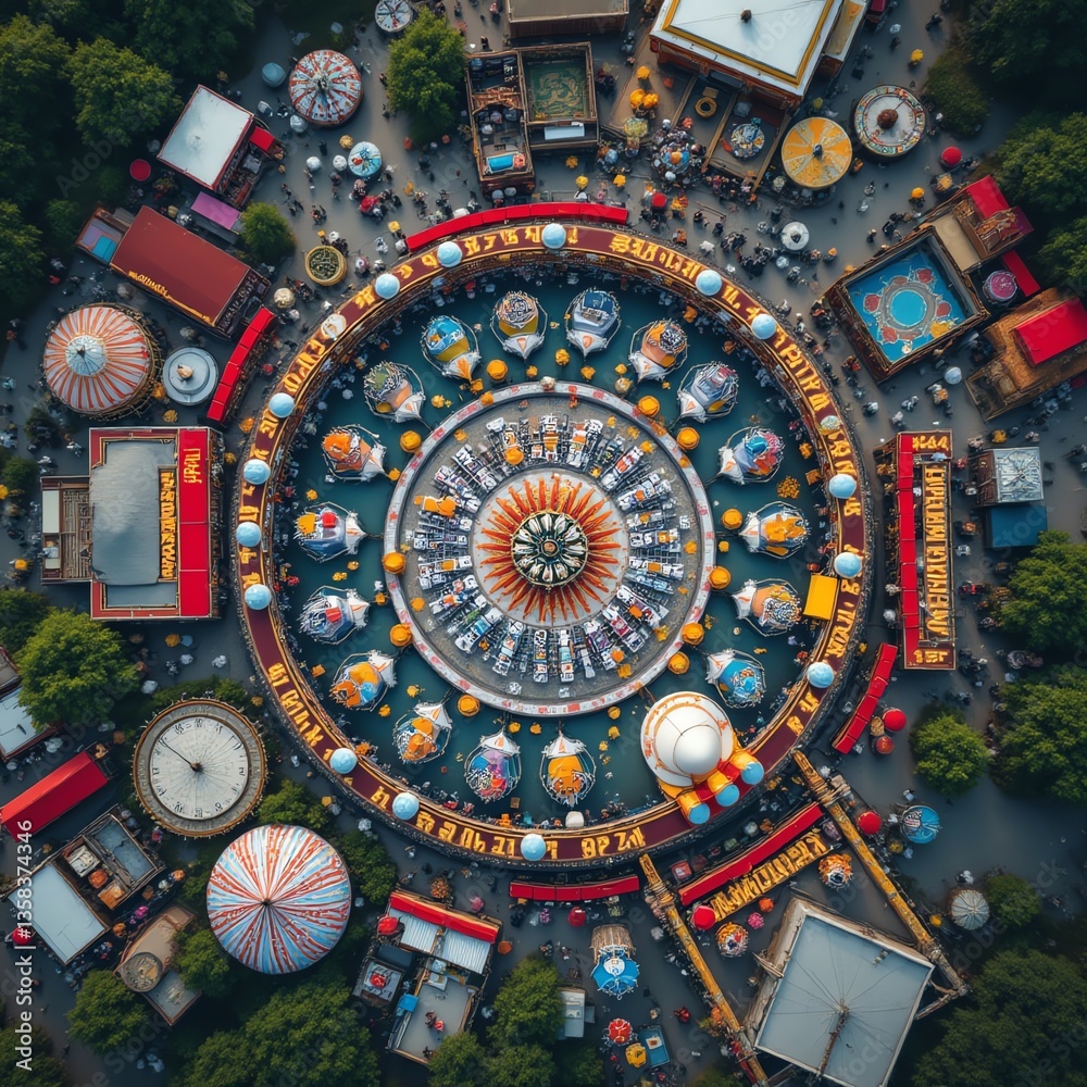 Obraz premium Aerial view of a vibrant carnival filled with colorful rides and attractions.