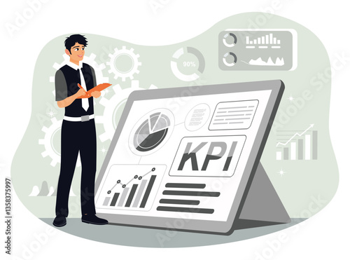 Businessman using digital screen to analyze key performance indicators with graphs and charts.
