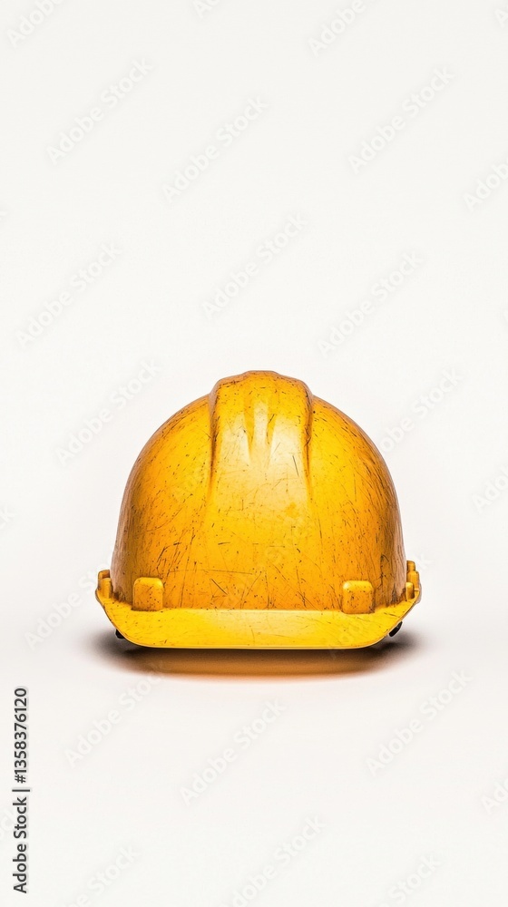 Fototapeta premium A bright yellow hard hat on a plain background, symbolizing safety in construction and industrial environments.