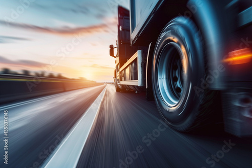 Truck Wheels Spinning on Road Carrying Heavy Cargo at High Speed Symbolizing Freight Logistics and the Challenges of Transportation