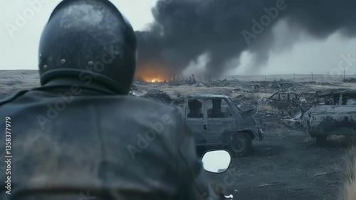 In the foreground a lone motorcycle zigzags between hulking wrecks of abandoned vehicles the rider clad in makeshift leather gear while the horizon reveals plumes of black smoke rising