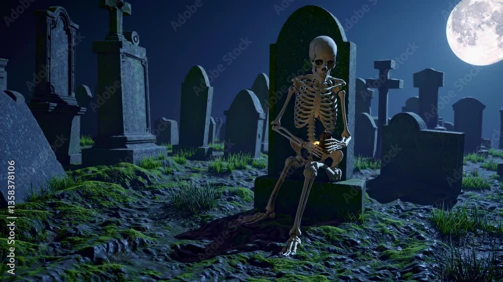Skeleton looks at its mobile, sitting alone in moonlit cemetery surrounded by gravestones, moss-covered ground, full moon in dark blue night sky
