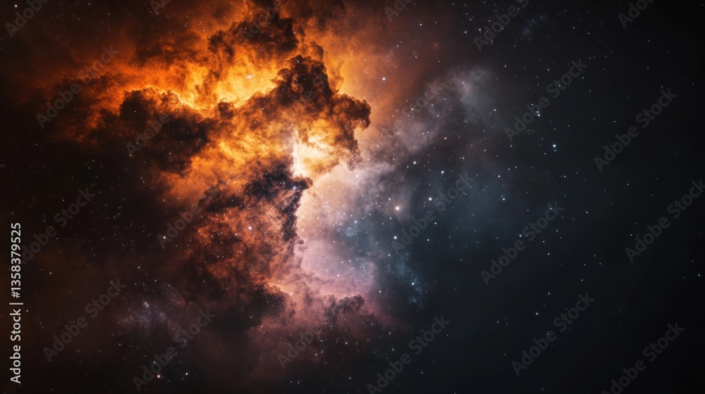 Fototapeta premium Swirling clouds of colorful gases and shining stars fill the vast expanse of space, creating a stunning cosmic nebula