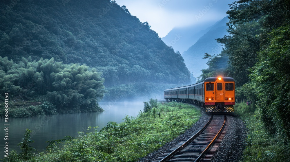 Fototapeta premium Scenic Train Journey Through Misty Mountains and River