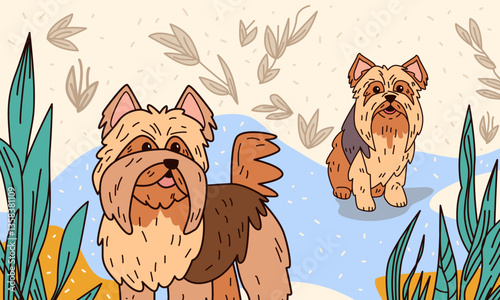 Yorkshire terriers playful nature cartoon style dogs in a whimsical outdoor setting with leaves and abstract shapes colorful background