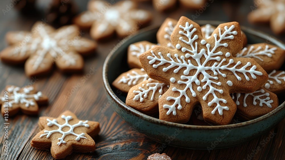 Beautifully decorated snowflake shaped cookies rest on a wooden table Beautifully decorated snowflake shaped cookies rest on a wooden table