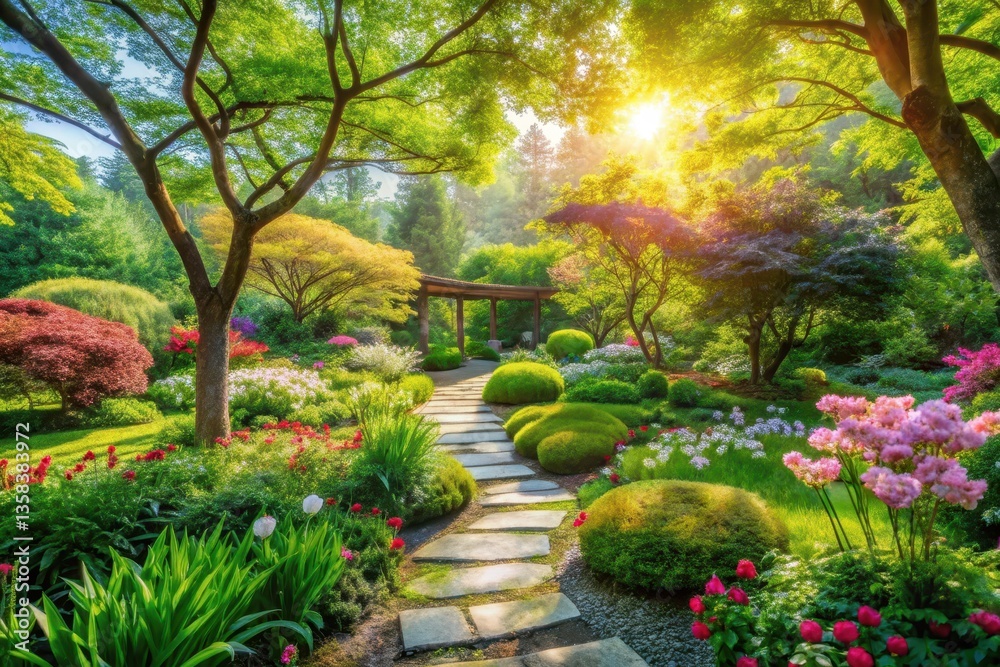 Serene Garden Path Winding Through a Lush Landscape of Vibrant Blooms and Sunlit Trees