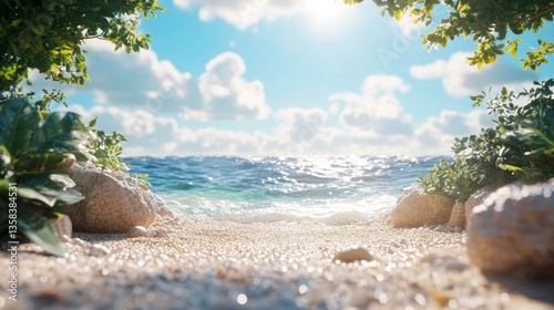Sandy beach ocean and sky seen through foliage frame