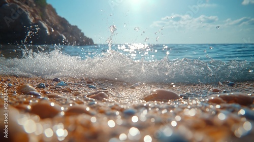 Waves crashing on a rocky shoreline under a bright sun