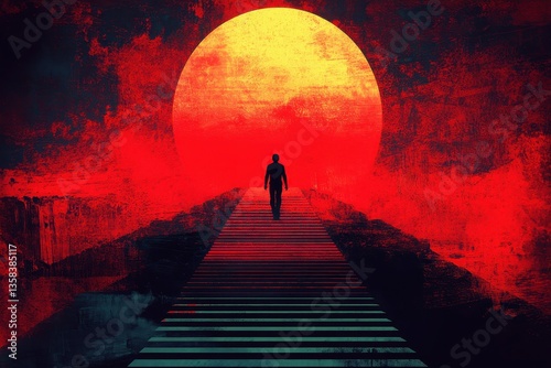 Mysterious Figure Walking Towards Giant Red Sun on Striped Pathway