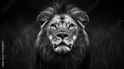 Black and white lion portrait in savanna