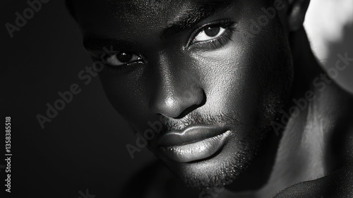 Close-up black male portrait, dramatic lighting, dark background, artistic mood