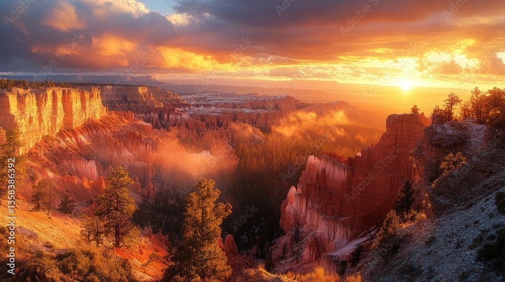 Fototapeta premium Majestic Sunrise over a Canyon. A breathtaking panorama of a canyon at sunrise. Vibrant colors paint the sky and rock formations. Misty mountaintops add a touch of ethereal beauty