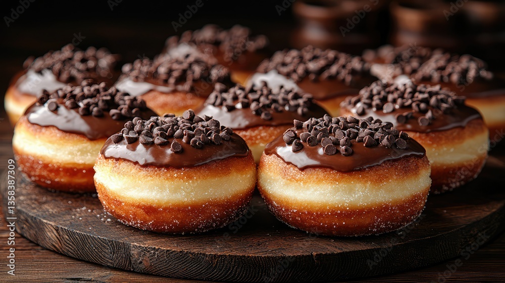 Delicious chocolate glazed doughnuts are arranged on a wooden serving board Delicious chocolate glazed doughnuts are arranged on a wooden serving board