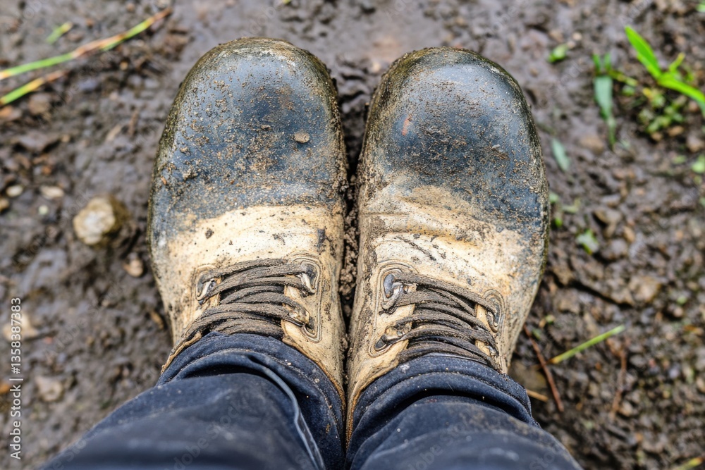 Muddy Work Boots on a Wet Ground Surrounded by Nature's Elements Muddy Work Boots on a Wet Ground Surrounded by Nature's Elements