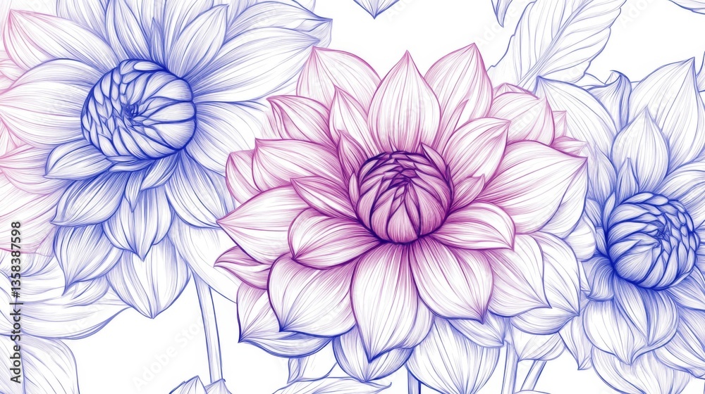 Fototapeta premium Pink Purple Blue Dahlias Line Art Floral Illustration