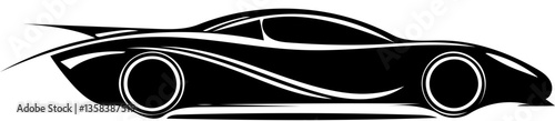Side profile of futuristic supercar in dynamic black and white vector illustration, transparent background
