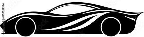 Side profile of futuristic supercar in dynamic black and white vector illustration, transparent background
