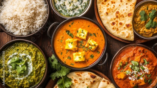 Overhead Shot of Assorted Indian Dishes on Wooden Table