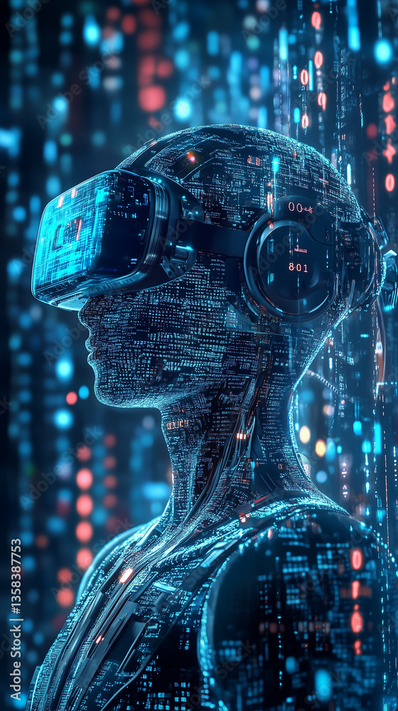AI robot on virtual reality world with binary code background. 9:16 Aspect ratio